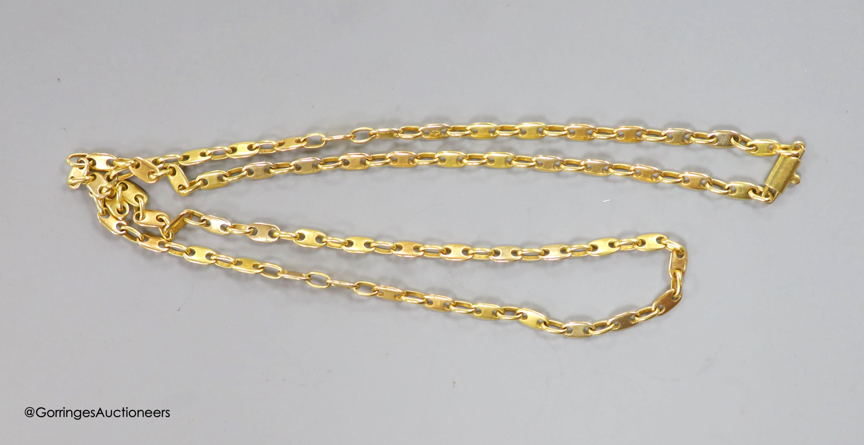 An 18ct (750) yellow metal fancy link neck chain, 22.7g, 60cm.